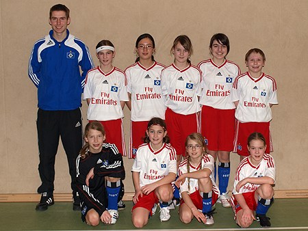 D-Hallenmeisterschaft, 6. Spieltag, Die 1. D-Mädchen Trainer Sebastian Günther, Hannah, Wiona, Maya, Lisa, Jenny (oben v. l.), Svea, Philine, Laura, Anna-Lena (unten v. l.)