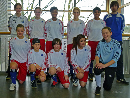 Mannschaftsbild Co-Trainerin Cathy Knobloch, Synthia Huber, Janine Minta, Annika Lowsky, Janita Obi, Trainer Daniel Frey; hockend: Anika Michel, Jonna Wittwer, Luisa Driver, Phuong Uyen Le Do, Svenja Busies